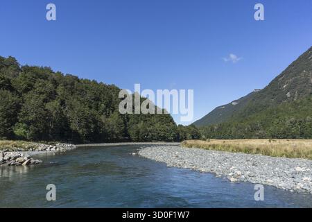 Mackay creek si trova sulla strada per milford, con vista estiva e il torrente che scorre attraverso le montagne Foto Stock