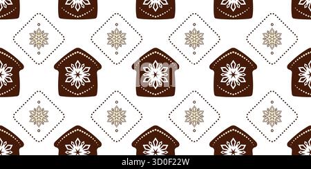 Case marroni e fiocchi di neve beige su sfondo bianco. Casa di pane di zenzero marrone con decorazioni con fiocchi di neve. Colori tranquilli invernali motivo natalizio senza cuciture. Caldo Illustrazione Vettoriale