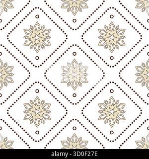 Fiocchi di neve beige con motivi a diamante su sfondo chiaro. Decorazione con fiocchi di neve. Inverno tranquillo e festoso con motivo senza cuciture. Caldo arredamento natalizio in cal Illustrazione Vettoriale