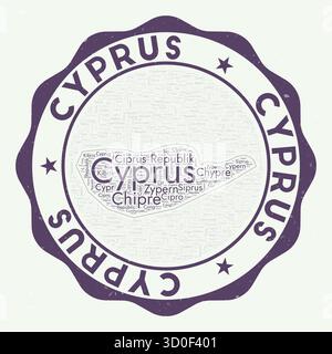 Logo di Cipro. Fantastico distintivo con nuvola di parole a forma di Cipro. Emblema rotondo con il nome del paese. Bella illustrazione vettoriale. Illustrazione Vettoriale