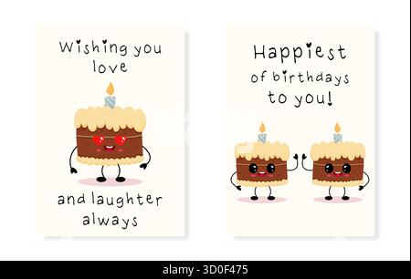 Carini e allegri disegni di biglietti di compleanno con torte illustrate con candele e desideri gioiosi come augurarti amore e risate Illustrazione Vettoriale