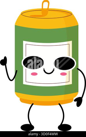 La soda kawaii giocosa può essere caratterizzata da occhiali da sole e sorrisi, perfetta per design divertenti, menu caffe', adesivi e illustrazioni per bambini. Illustrazione Vettoriale