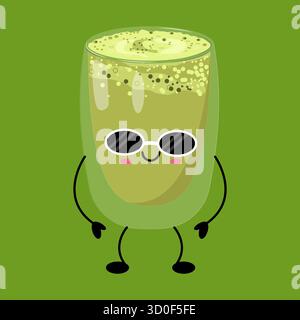 Divertente disegno di dessert kawaii matcha con occhiali da sole, perfetto per progetti divertenti, adesivi, stampe e merchandising. Illustrazione Vettoriale
