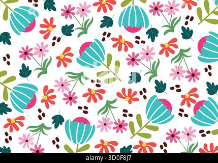 Splendido motivo floreale in piccoli fiori astratti. Piccoli fiori colorati. Sfondo bianco. Sfondo floreale senza cuciture. Illustrazione Vettoriale