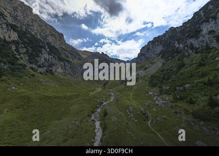 Vista aerea del suggestivo contrasto tra aspre montagne e lussureggiante vegetazione, scolpito da un tortuoso fiume in una valle, Bucarest, Romania. Foto Stock