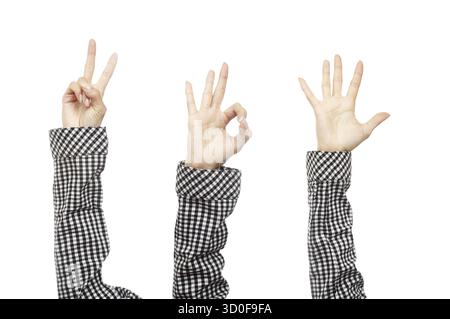 Foto ravvicinata delle mani umane in camicia a scacchi con vari gesti su sfondo bianco Foto Stock