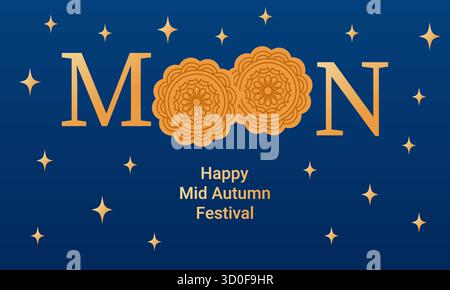 Una scena al chiaro di luna per il festival di metà autunno, con un coniglio sotto una luna dorata. Illustrazione Vettoriale