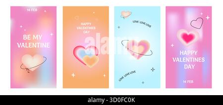 Set di carte moderne di San Valentino in stile y2k. Illustrazioni vettoriali di forme del cuore sfocate con semplici elementi estetici e design tipografico. Buon San Valentino romantiche copertine d'amore su sfondo sfumato Illustrazione Vettoriale