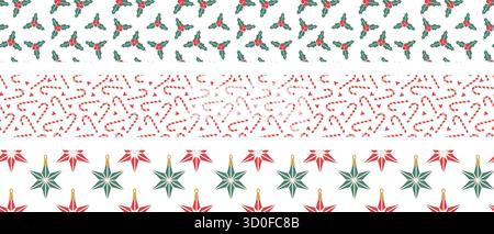 Set di motivi natalizi con elementi natalizi: Canna da zucchero e cuori, ornamenti natalizi, bacche di agrifoglio invernali. Insieme di bordi senza giunture geometriche semplici e minimali. Illustrazione Vettoriale