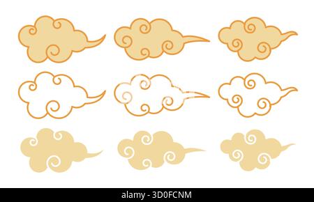 Un set di nuvole cinesi caratterizzate da intricati dettagli vorticosi, perfetti per temi di design orientale. Illustrazione Vettoriale