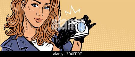 Vector illustration of a young female detective holding a camera wearing gloves. Pop art hand drawn artwork ideal for editorial, blog, banner, investi Illustrazione Vettoriale