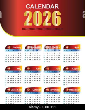 Modello calendario 2026 – Planner annuale minimalista moderno, Calendario da tavolo e da parete stampabile, pianificazione mensile modificabile, Organizzatore professionale Illustrazione Vettoriale