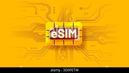 Scheda eSIM sullo sfondo del circuito stampato. Moderno concetto di SIM digitale integrata per la tecnologia mobile. Illustrazione vettoriale Illustrazione Vettoriale