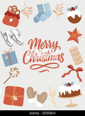 Un modello di tessera di Capodanno con l'iscrizione buon Natale. Illustrazione vettoriale piatta degli attributi delle festività. Regali disegnati a mano, prodotti da forno natalizi, calze, pattini e guanti su sfondo chiaro. Modello da cartolina, invito e volantino in stile retrò Illustrazione Vettoriale