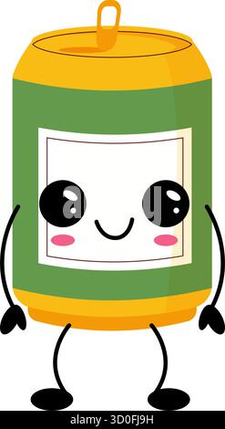 La soda cartoni animati può essere caratterizzata da grandi occhi luminosi e guance rosa. Colori verde e giallo, stile kawaii, isolato sul bianco, perfetto per cibo e bevande Illustrazione Vettoriale