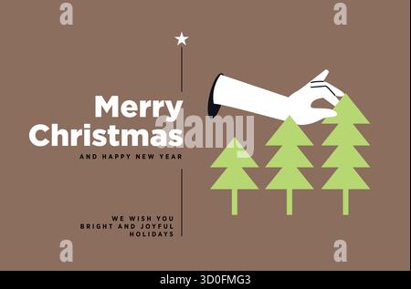 Il design minimalista delle cartoline natalizie presenta un messaggio natalizio e una disposizione stilizzata degli alberi Illustrazione Vettoriale