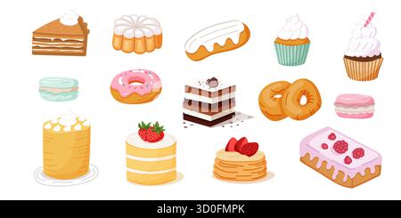 Set di dolci da forno con illustrazioni vettoriali, tra cui torte, ciambelle, pasticcini, muffin e dolci in luminoso stile cartoni animati. Perfetto per menu, poster, s. Illustrazione Vettoriale
