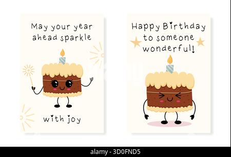Queste adorabili illustrazioni delle torte di compleanno sono perfette per inviare agli amici un caloroso e sincero desiderio Illustrazione Vettoriale