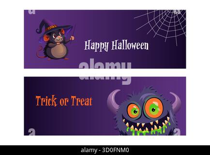 Un set di banner di Halloween con mouse e mostro, ideale per promozioni festive e inviti a feste. Illustrazione Vettoriale