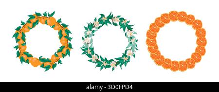 Una corona decorativa con arance, fiori e foglie, perfetta per le feste e le stagioni. Illustrazione Vettoriale