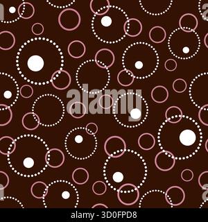 Ripetizione senza cuciture con molti cerchi casuali. Elemento rotondo bianco rosa su sfondo marrone scuro. Design grazioso e accogliente per tessuti, carte da parati, ecc. Minimali Illustrazione Vettoriale