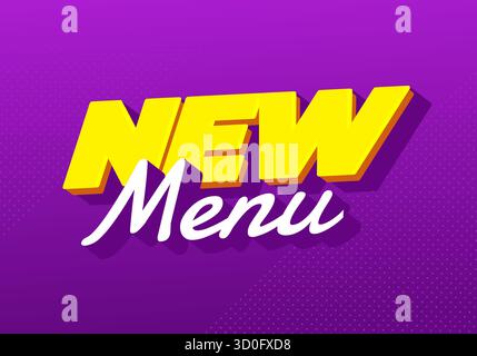 Nuovo menu. Elegante design tipografico a strati con allegra profondità d'ombra giallo bianco viola Illustrazione Vettoriale