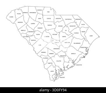 Stato della Carolina del Sud, suddiviso in 46 contee, delinea la mappa con i nomi delle contee e i confini. Stato nella regione sud-orientale degli Stati Uniti Foto Stock