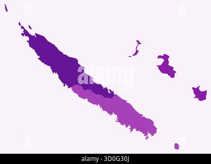 Mappa della nuova Caledonia con le regioni. Solo una semplice mappa di confine con la divisione della regione. Tavolozza dei colori viola. Illustrazione Vettoriale