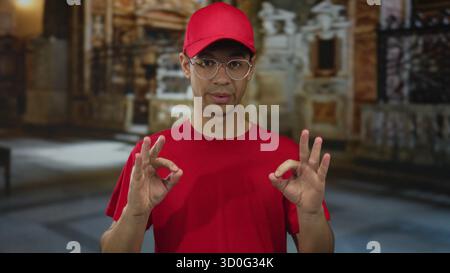 Il giovane ispanico che indossa un berretto rosso e una maglietta rossa fa un gesto discreto con le mani in costruzione; approvazione calma. Foto Stock