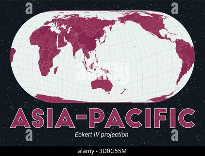 Asia-Pacifico. Mappa del mondo. Proiezione di Eckert IV incentrata sull'Asia-Pacifico. Pallido Mint Dark Pink (Rosa scuro). Texture vintage. Incredibile illustrazione vettoriale. Illustrazione Vettoriale