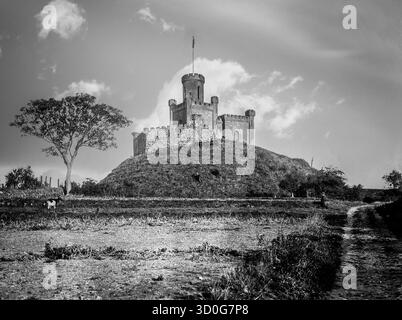 La falsa follia del castello di Donaghadee, Contea di Down, Irlanda del Nord, localmente conosciuta come Moat, è stata un sito difensivo fin dall'età del bronzo, quando fu costruito un Ringfort o Rath. Nel XIII secolo divenne un castello normanno motte-and-bailey. All'inizio del XIX secolo Donaghadee era il principale porto per i viaggiatori tra l'Ulster e la Scozia, così quando iniziarono i lavori per un nuovo porto, il finto castello fu costruito sul sito delle vecchie fortificazioni per immagazzinare la polvere da sparo utilizzata per il brillamento. Foto Stock