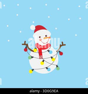 Pupazzo di neve sorridente e aggrovigliato in Cable Lights Christmas Vector Illustration Illustrazione Vettoriale