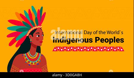 Vivace illustrazione che celebra la giornata internazionale dei popoli indigeni con una donna in abbigliamento tradizionale e gioielli colorati. Illustrazione Vettoriale
