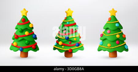 set 3d colorati alberi di natale con ornamenti. Illustrazione Vettoriale