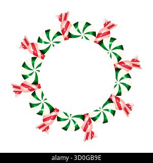 Luminosa cornice circolare realizzata con caramelle natalizie, tra cui dolci avvolti in rosso e lecca lecca a turbolenza verde e bianco. Ideale per i banner delle vacanze, Illustrazione Vettoriale