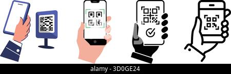 Scansione di codici QR con smartphone e piedistallo Illustrazione Vettoriale