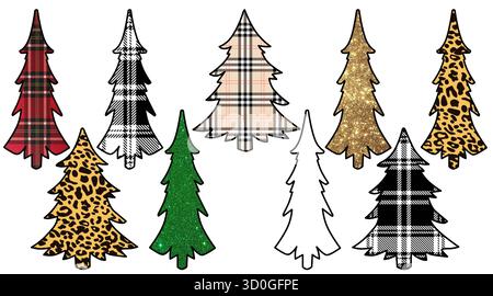 Set di alberi di Natale di diverse forme con consistenza diversa. Alberi di Natale in stile piatto su sfondo bianco. Foto Stock