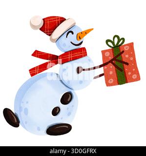 Divertente e allegro pupazzo di neve con sciarpa festosa e cappello in possesso di una confezione regalo. Illustrazione ad acquerello disegnata a mano. Foto Stock