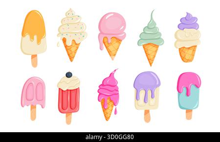 Set di illustrazioni di diversi gelati kawaii in colori pastello con volti felici. Ideale per design, adesivi, confezioni e simpatici professionisti estivi Illustrazione Vettoriale