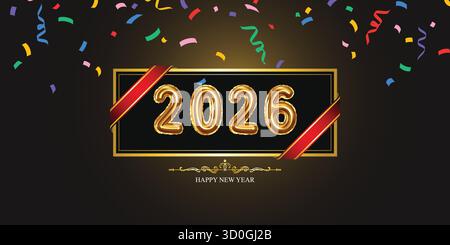 2026 numero Gold 3d per il felice anno nuovo. Numeri eleganti che indicano la data del nuovo anno. Banner per biglietti d'auguri o calendario Illustrazione Vettoriale