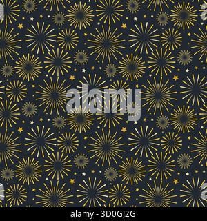 Brillanti fuochi d'artificio esplodono contro il cielo notturno blu scuro senza cuciture. Sfondo con esplosioni di fuochi d'artificio dorati. Stampa natalizia per i tessuti Illustrazione Vettoriale