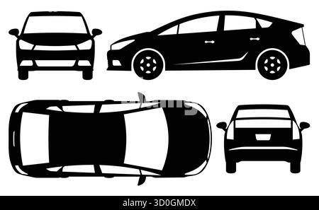 Icone vettoriali in bianco e nero di un'auto mostrate da quattro diverse angolazioni: Vista laterale, anteriore, posteriore e dall'alto. Silhouette semplice e pulita Illustrazione Vettoriale