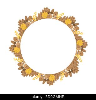Corona di quercia autunnale con ghiande. Telaio circolare per il giorno del Ringraziamento. Composizione della foresta autunnale. Illustrazione Vettoriale