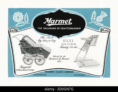 Un annuncio del 1951 per carrozzine e sedie Mamet. Questo apparve in una rivista di design che segnava le celebrazioni del Festival of Britain in Gran Bretagna quell'anno. Marmet fu fondata nel 1912 da Edward Thompson Morriss. La Marmet Pram Co era un produttore di carrozzine o carrozze di alta qualità per bambini. Le carrozzine Marmet sono state offerte anche in materiali come cromo, ferro e acciaio resistenti e durevoli. Le carrozze Marmet sono state utilizzate dalla famiglia reale, tra cui una carrozza in miniatura che è stata realizzata per la casa delle bambole della Regina Mary - grafica vintage anni '1950. Foto Stock