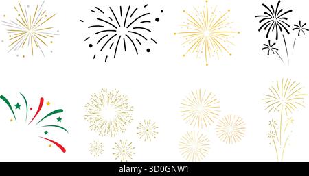 Collezione di illustrazioni fuochi d'artificio, perfetta per la vigilia di Capodanno, il giorno dell'indipendenza o qualsiasi celebrazione Illustrazione Vettoriale