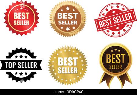 Badge ed etichette più venduti, francobolli più venduti, adesivi dorati e rossi, illustrazione vettoriale Illustrazione Vettoriale