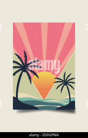 Tramonto tropicale rétro con palme, illustrazione in stile vintage di una spiaggia Illustrazione Vettoriale