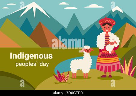 Illustrazione in stile piatto di una donna indigena delle Ande in abito tradizionale. Ideale per progetti culturali o culturali. Illustrazione Vettoriale