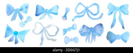 Elegante collezione di fiocchi blu acquerello dipinti a mano, ideale per inviti, imballaggi e design romantici. Illustrazione Vettoriale