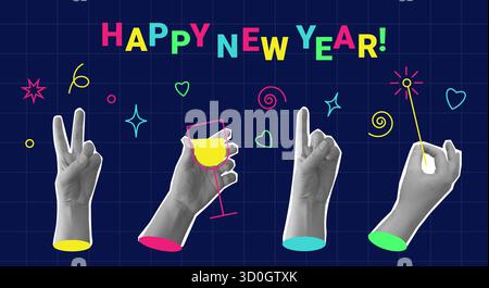 Mani in pose diverse con colori vivaci e tipografia felice di Capodanno, ideale per biglietti d'auguri e disegni da festa. Illustrazione Vettoriale